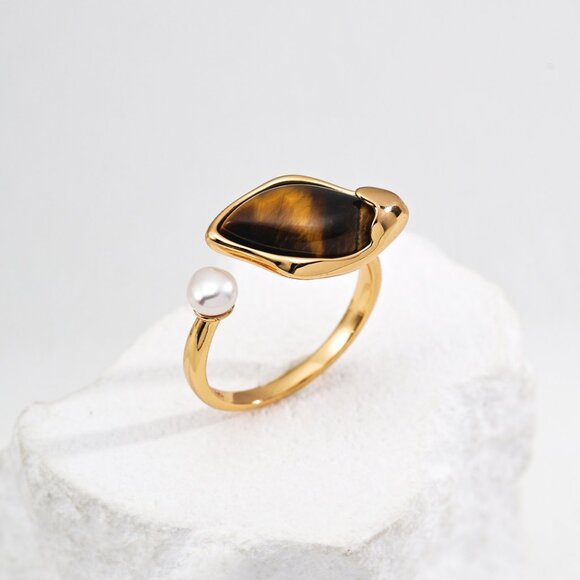 925 Gold Tiger's Eye & Pearl Open Cuff Ring - Picture 3 of 5